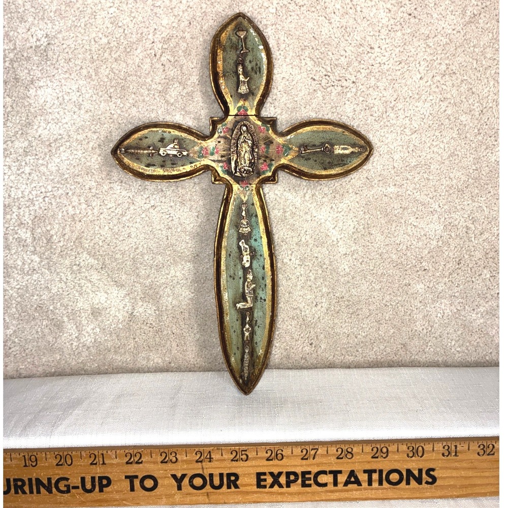 Vintage Mexican Folk Art Milagro Cross Virgin of Guadalupe Wood Wall Decor 11in - Picture 2 of 6
